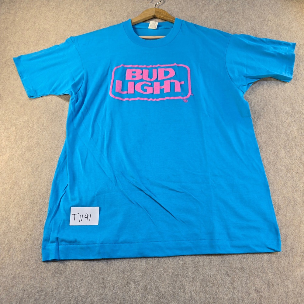Vintage 1989 Bud Light US Triathlon Series T-Shirt Screen Stars Blue Pink L 80s